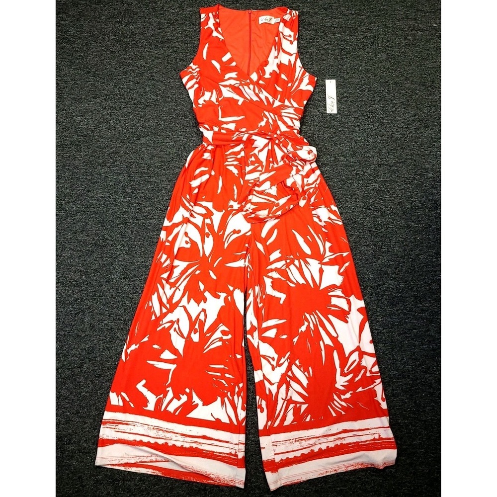 Eliza J Wide Leg Faux Wrap Jumpsuit Orange White‎ New